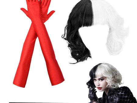 VIKSAUN Set de 3 Piezas de Peluca y Accesorios para Disfraz de Cruella Deville - Cosplay Vintage para Mujer Embalaje Deteriorado Fashion